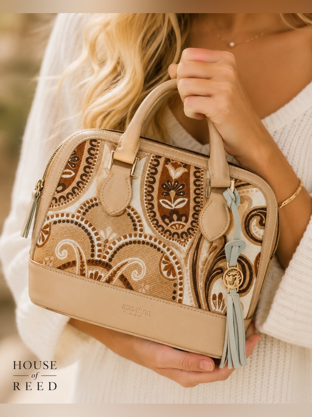 Spartina 449 Beige Paisley Satchel Crossbody Bag Boho Coastal Tassel Purse